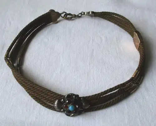 antike Taschenuhrkette Biedermeier Echthaar Granatschmuck vergoldet (101093)