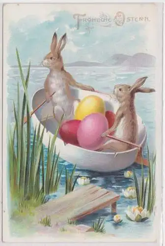 900309 Präge AK Fröhliche Ostern 2 Hasen rudern in Eierschale übern See 1906