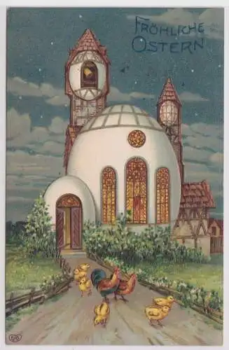 95230 Präge AK Fröhliche Ostern Hühnerfamilie verlässt Eierkirche 1913