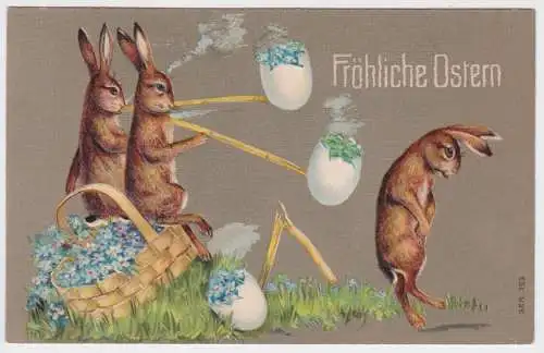 49424 Präge AK Fröhliche Ostern 3 Hasen rauchen Ostereierpfeifen 1909