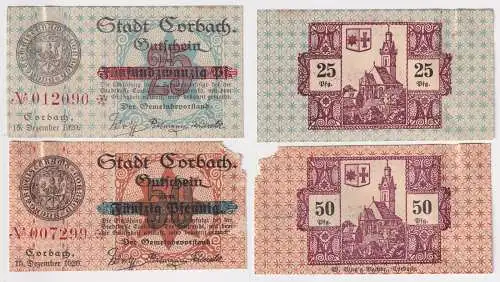 2 Banknoten Notgeld Stadt Corbach 1920 (117121)