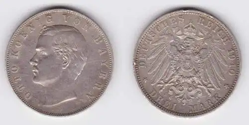 3 Mark Silbermünze Bayern König Otto 1910 Jäger 47 (162986)