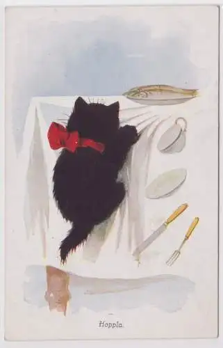 95086 Humor Ak "Hoppla" Katzenkind zieht Tischdecke vom Tisch um 1930