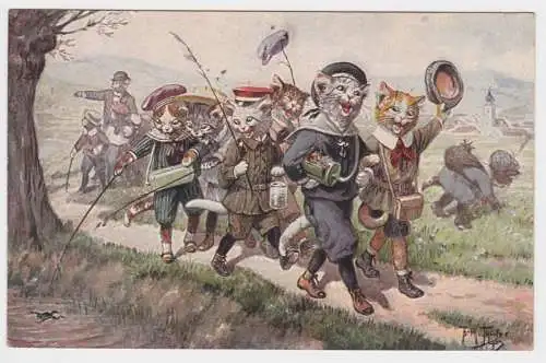 84195 Arthur Thiele Künstler Ak Katze Schulausflug "Hinaus in die Ferne" 1922