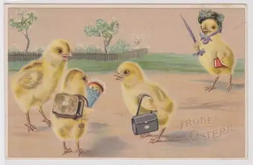 44477 AK Fröhliche Ostern 3 Küken auf dem Schulweg mit Lehrerin 1929