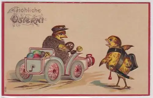 36557 Präge AK Fröhliche Ostern Küken im Automobil und Wachtmeister 1908