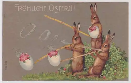 09408 Präge AK Fröhliche Ostern 3 Hasen rauchen Ostereierpfeifen 1909