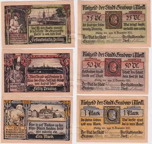 25, 50 & 100Pfennig Banknoten Notgeld Stadt Grabow gültig bis 31.1.21922(168490)