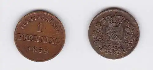 1 Pfennig Kupfer Münze Bayern 1869 (117184)