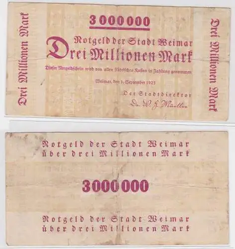 3 Millionen Mark Banknote Notgeld der Stadt Weimar 1.September 1923 (156020)