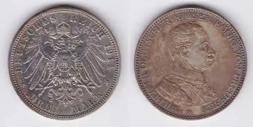 3 Mark Silber Münze Preussen Kaiser Wilhelm II in Uniform 1914 (122491)