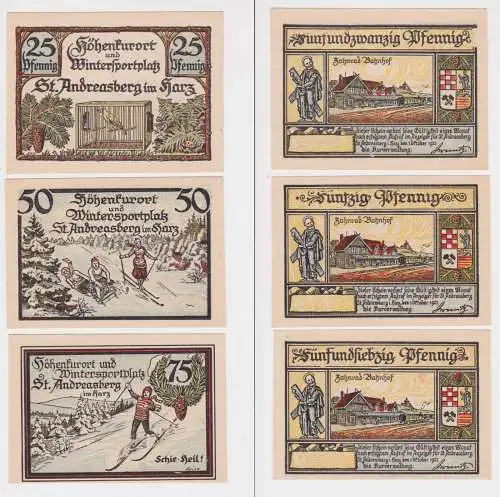 25,50 & 75 Pfennig Banknoten Notgeld Kurverwaltung St.Andreasberg 1921 (137943)