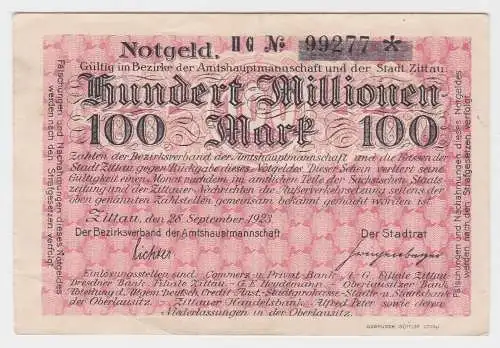 100 Millionen Mark Banknote Notgeld Amtshauptmannschaft Zittau 28.9.1923(117342)