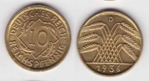 10 Reichspfennig Messing Münze Deutsches Reich 1936 D Jäger 317 Stgl.(142801)