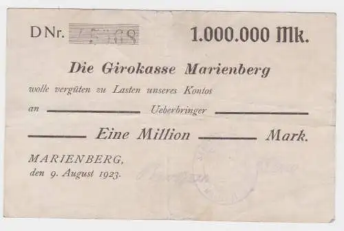 1 Million Mark Banknote Girokasse Marienberg 9.August 1923 (119365)