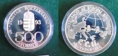 500 Forint Silber Münze Ungarn 1993 Karte Europas mit der Kettenbrücke (123819)