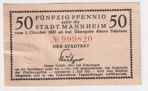 50 Pfennig Banknote Notgeld Stadt Mannheim 1.10.1920 (152673)