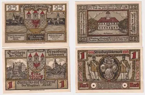 25 Pf & 1 Mark Banknoten Notgeld Stadt Strasburg Uckermark o.D. (168480)