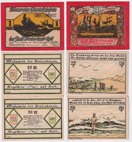 3 Banknoten Notgeld Westerland und Vogelkoje auf Sylt 1920-1921 (158104)