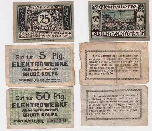 5,25 & 50 Pfennig Banknoten Notgeld Elektrowerke Grube Golpa um 1920 (154235)