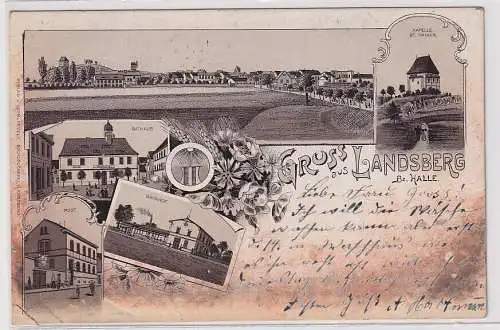 74684 Ak Lithografie Gruss aus Landsberg Bz. Halle Bahnhof Rathaus Post usw.1912