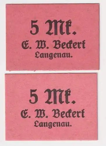 2 Banknoten Notgeld 5 Mark E.W. Beckert Langenau (153419)
