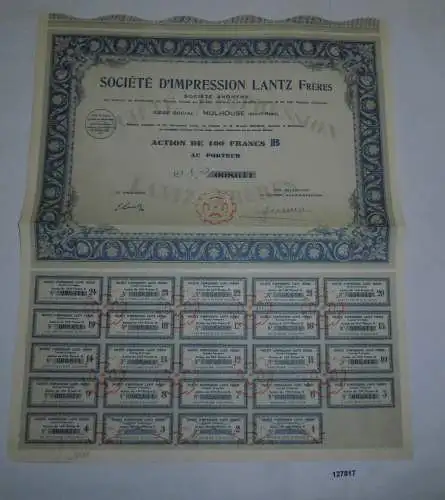 100 Francs Aktie Société d'Impression Lantz Frères Mulhouse Juni 1929 (127817)