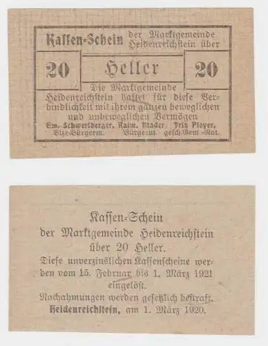20 Heller Banknote Notgeld Marktgemeinde Heidenreichstein 1920 (154502)