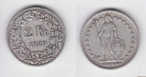 2 Franken Silber Münze Schweiz 1920 B f.ss (154473)