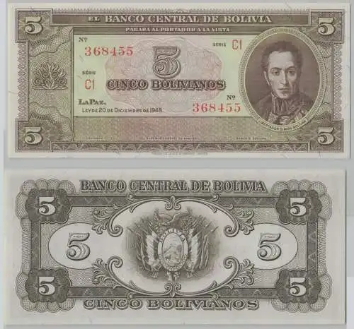 5 Bolivianos Banknote Bolivien Bolivia 1945 P138 UNC (148202)