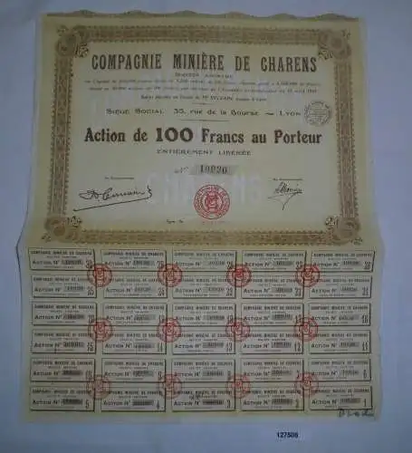 100 Francs Aktie Compagnie Minière de Charens Lyon 3. Mai 1928 (127508)