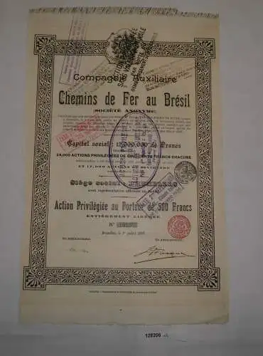 500 Franc Aktie Compagnie Auxiliaire Chemins de Ferr au Bresil 1937 (128206)