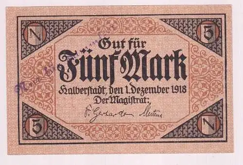 5 Mark Banknoten Notgeld Stadt Halberstadt 01.12.1918 (160074)