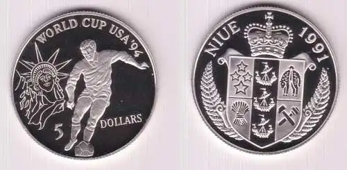 5 Dollar Silber Münze Niue 1991 Fussball WM USA 1994  (155411)