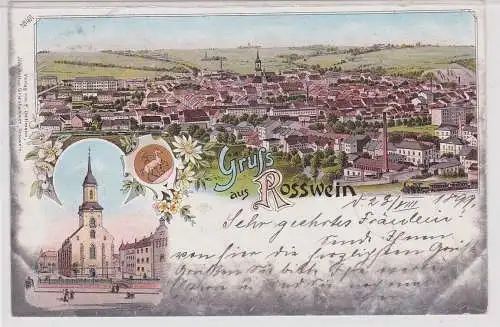 07878 Lithografie AK Gruss aus Rosswein - Kirche und Totalansicht 1899 Bahnpost