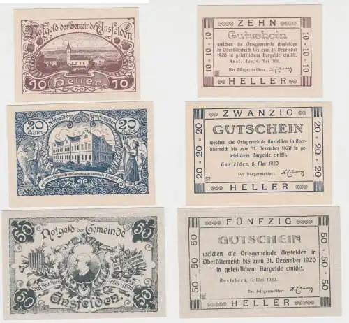3 Banknoten 10 bis 50 Heller Notgeld Gemeinde Ansfelden 1920 (151476)