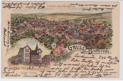 99981 AK Gruss aus Brotterode - Café Fuchs, Ansicht vom Burgberg 1904