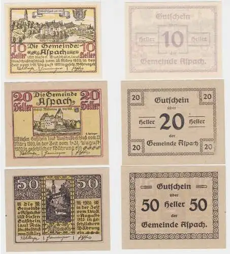 3 Banknoten 10 bis 50 Heller Notgeld Gemeinde Aspach 1920 (152050)