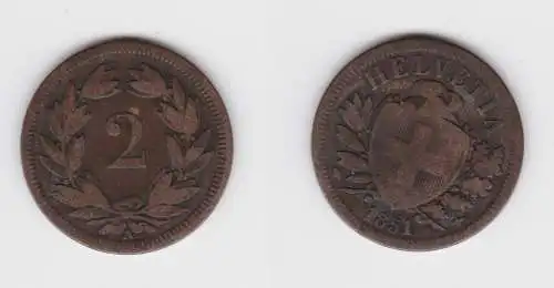 2 Rappen Kupfer Münze Schweiz 1851 A s/ss(154388)