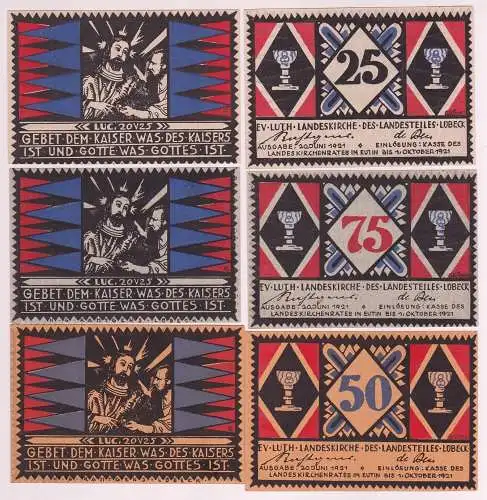 6 Banknoten Notgeld Landeskirche Lübeck Eutin 1921 (162805)