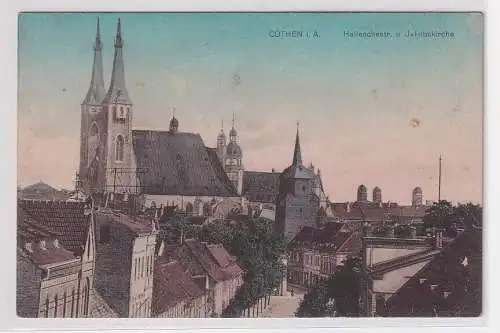 61017 Ak Coethen in Anhalt Halleschestraße und Jakubuskirche um 1910