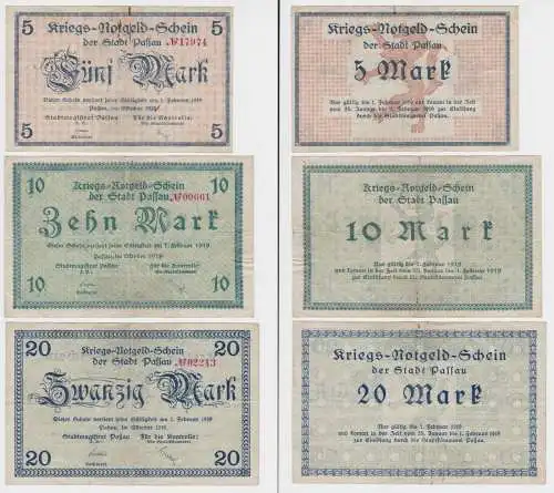 5,10 und 20 Mark Banknoten Kriegsgeld Stadt Passau Oktober 1918 (130239)