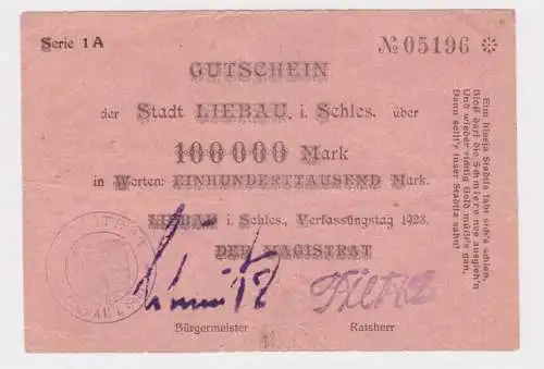 100000 Mark Banknote Inflation Stadt Liebau in Schlesien 1923 (164243)