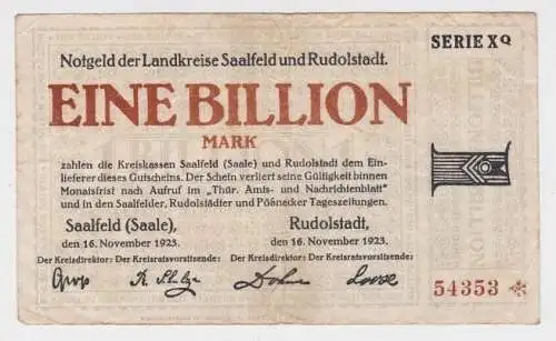1 Billion Mark Banknote Inflation Saalfeld Rudolstadt 16.11.1923 (163803)