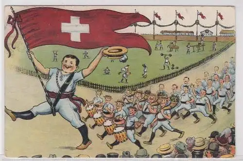 02999 Humor Ak Turnfest Schweiz Einmarsch mit Fahne um 1910