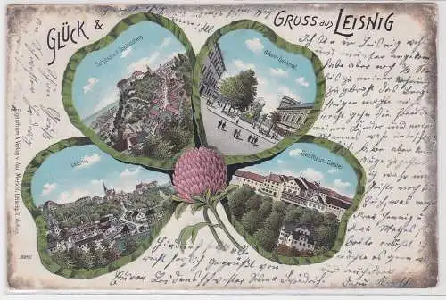 902492 AK Gruss aus Leisnig - Schloss mit Schlossberg, Gasthaus Bastei, Denkmal