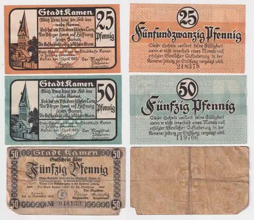 3 Banknoten Notgeld Stadt Kamen 1918-1920 (169173)