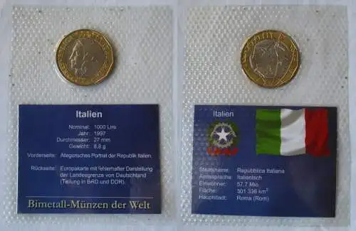 Bi-Metall Münze der Welt 1000 Lire Italien 1997 im Blister (163417)