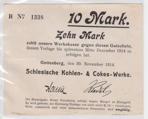 10 Mark Banknote Gotteberg in Schlesien Kohlenwerke 30.11.1914 (164019)