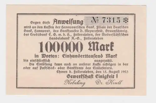 100000 Mark Banknote Ehmen bei Fallersleben Gewerkschaft Einigkeit 1923 (163988)